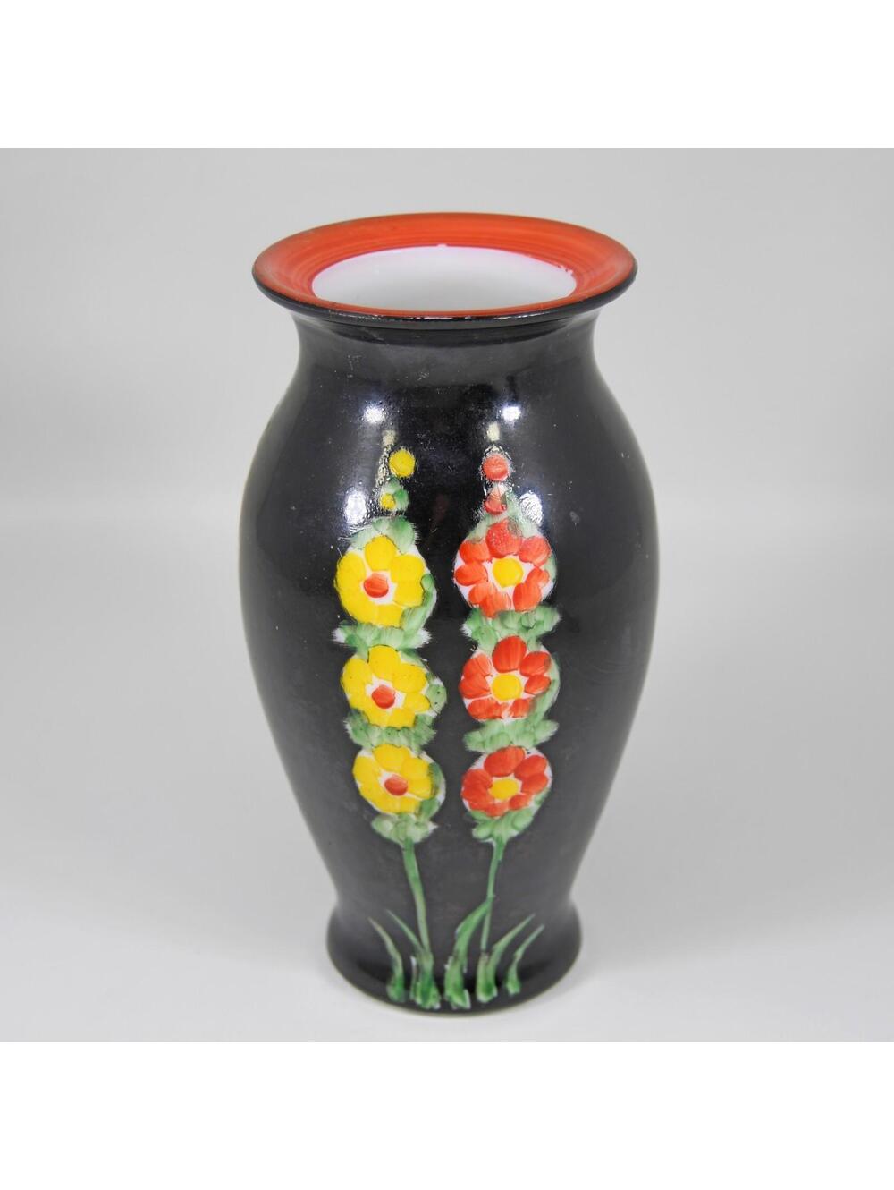 Art Deco Black Enamel on Milk Glass Vase Hollyhocks Floral Hand Painted Antique